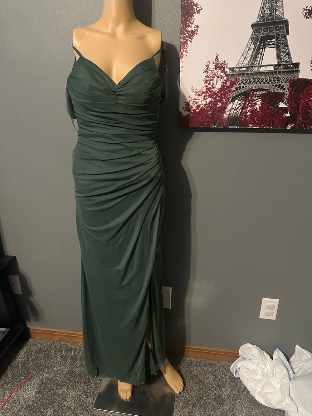 Elegant Forest Green Ruched Evening Gown Formal Dress XS